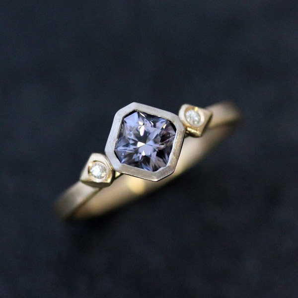 Blue Spinel & White Moisannite Engagement Ring, 14k Yellow and White Gold Mixed Metal Engagement Ring, Three Stone Mixed Metal Ring