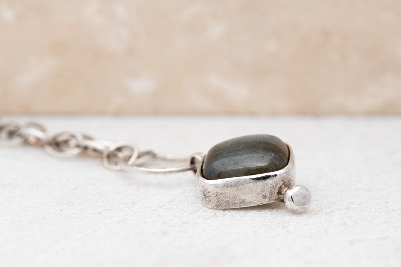 Labradorite Cushion Shaped Cabochon Necklace Bezel Set with Sterling Silver 16 Chain image 2