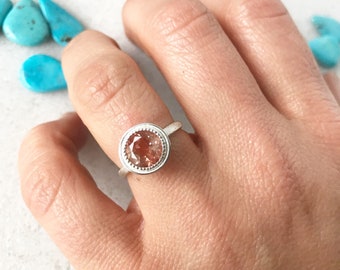 Oregon Sunstone Ring in Brushed Sterling, Bezel Set Milgrain Halo Natural USA Mines Gemstone