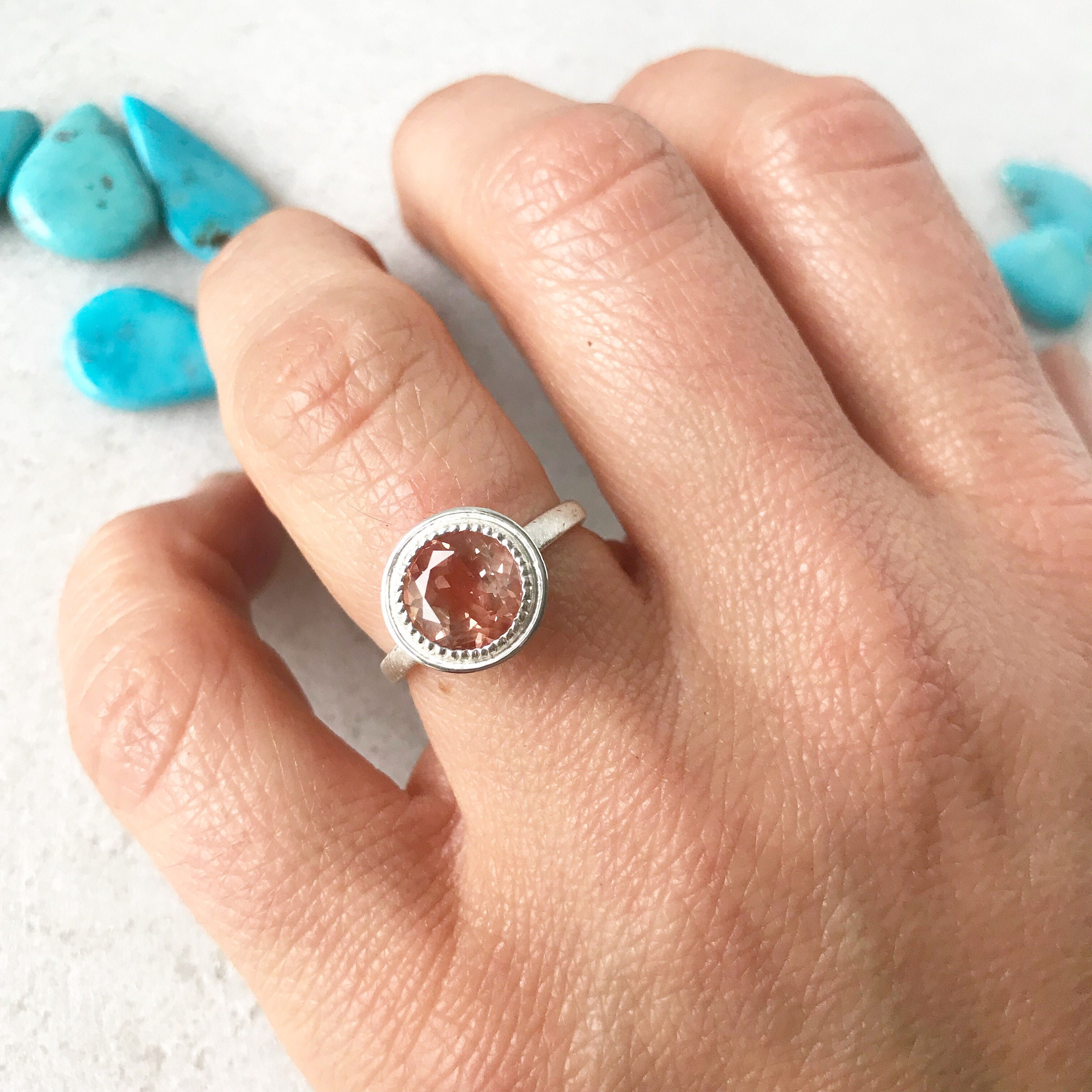 Oregon Sunstone Ring in Brushed Sterling Bezel Set Milgrain Halo