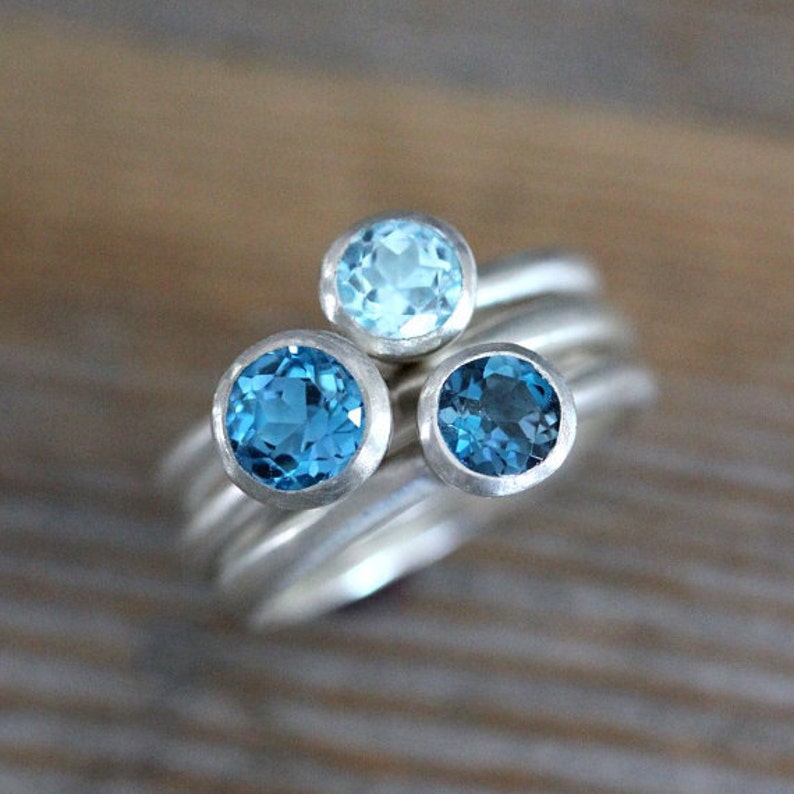Blue Topaz Stacking Ring Set, Blue Gemstone Solitaire Rings in Recycled Sterling Silver, Tarnish Resistant Birthstone Ring, Stacking Set, image 1