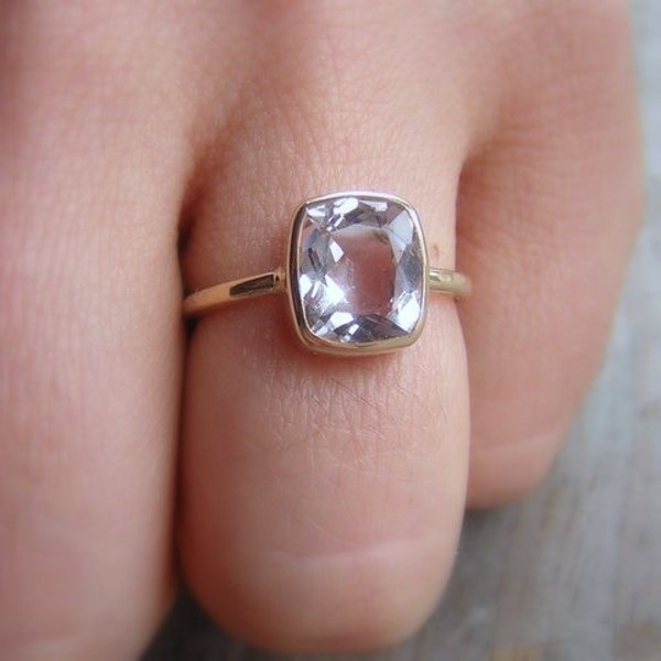 Yellow Gold and Morganite Ring, 14k Yellow Gold and Pink Beryl Solitaire, Cushion Cut Statement Ring, Diamond Alternative Engagement