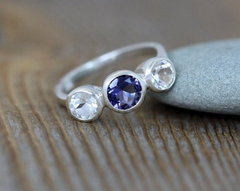 Blue Iolite Ring and White Topaz Three Stone Ring in Recycled Sterling Silver, Ready to Ship Size 5