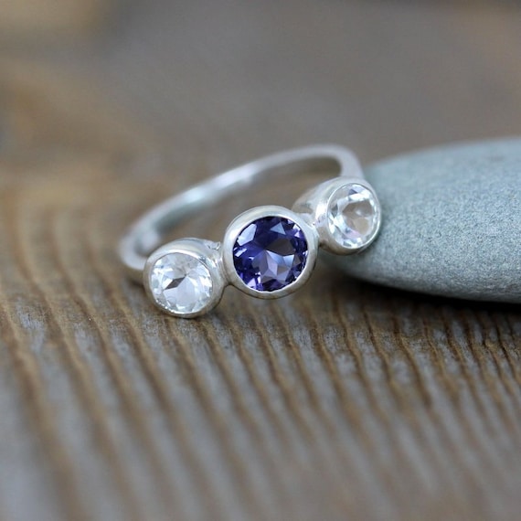 Set of Three Stackable Rings Iolite and Blue Topaz Rhodium on Sterling Silver Set of Three Stackable Rings Iolite and Blue Topaz Rhodium on Sterling Silver