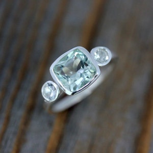 Sterling Silver Three Stone Ring, Prasiolite Ring, White Sapphire Ring, Green Amethyst, February Birthstone