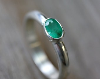 Emerald and Silver Ring, Low Profile Comfort-Fit Band, Natural Emerald Gemstone Band for May Birthdays and Good Luck