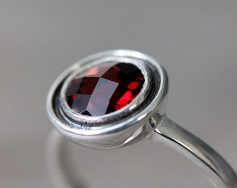 Garnet Ring in Sterling silver,   Gemstone Halo Ring, Birthstone for December, Size 7.5