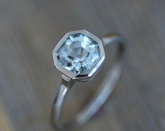 Asscher Cut Aquamarine and 14k Palladium White Gold Ring, Unique Gemstone Solitaire, Diamond Alternative Engagement March Birthstone Jewelry