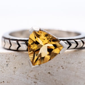 Citrine Gemstone Ring in Sterling Silver, Chevron Triangle Texture in Recycled Argentium, HAndmade CItrine RIng for Women