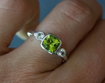 Green Peridot and White Sapphire Three Stone Ring, Anniversary or Family Ring, August Birthstone Jewelry for her, Birthday gift