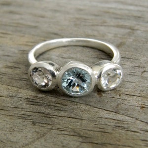 Aquamarine Ring with White Topaz, March Birthstone jewelry, Past Present Future or Anniversary Band image 1