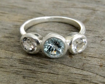 Aquamarine Ring with White Topaz, March Birthstone jewelry, Past Present Future or Anniversary Band