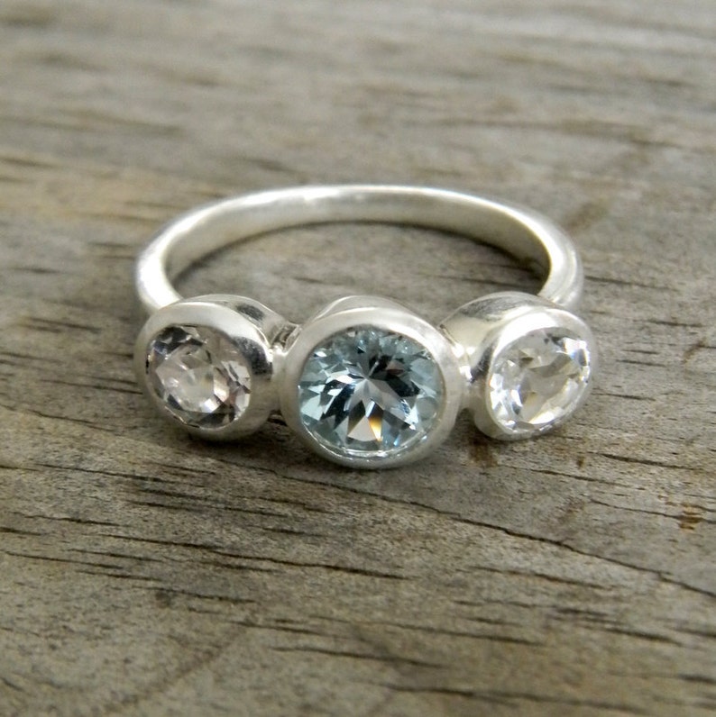 Aquamarine Ring with White Topaz, March Birthstone jewelry, Past Present Future or Anniversary Band image 1