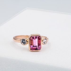 Pink Tourmaline and White Sapphire Ring 14k Rose Gold Tourmaline Ring Emerald Cut Tourmaline Engagement Ring image 4