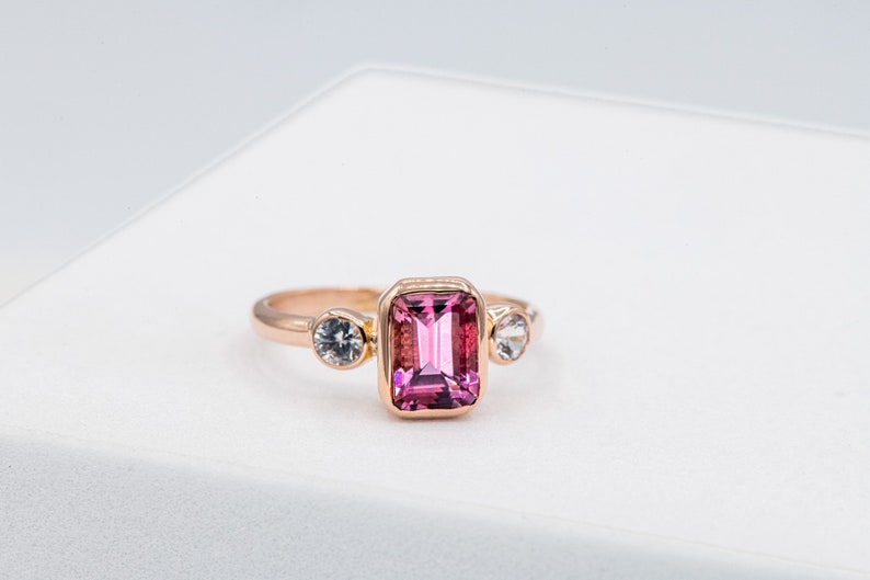 Pink Tourmaline and White Sapphire Ring 14k Rose Gold Tourmaline Ring Emerald Cut Tourmaline Engagement Ring image 4