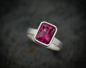 Handmade Pink Garnet Ring, Radiant Bezel Solitaire Gemstone Ring in 925 Sterling silver,  Rhodolite Garnet  Bezel Set Wide Band Ring