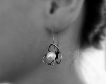 Handmade Pearl Earrings in Dangle Shape, Sterling Silver Dangles,  Elegant White Pearl Earrings, Pearl Dangles, Modern Handmade Jewelry