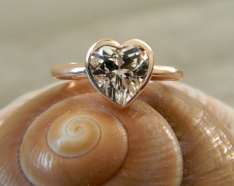 14k Rose Gold Heart Ring: White Topaz Solitaire, Romantic Gift
