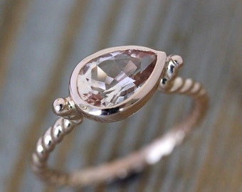 Morganite Ring Pear Shaped Ring in 14k Rose Gold,  Simple Gold Ring with an East West Setting