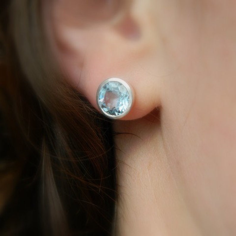 Blue Topaz Stud Earrings in Silver Bezel Posts, Gemstone Earrings, Blue Gem Earrings, Large Post earrings, Big Stud Earrings for Her image 1