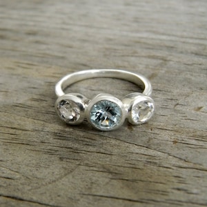 Aquamarine Ring with White Topaz, March Birthstone jewelry, Past Present Future or Anniversary Band image 4