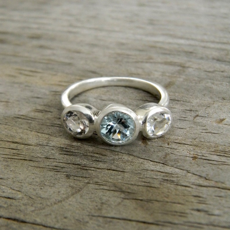 Aquamarine Ring with White Topaz, March Birthstone jewelry, Past Present Future or Anniversary Band image 4