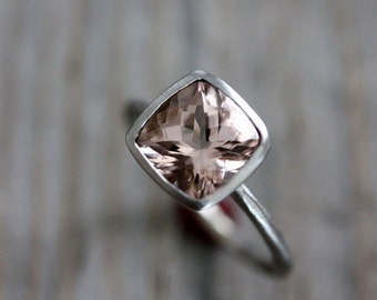 Cushion Morganite Ring, Morganite Gemstone Ring, Alternative Engagement Ring, Pink Morganite Bezel Ring, Eco White Gold Palladium Ring