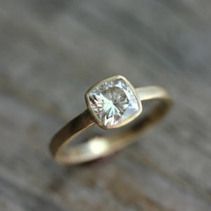 Moissanite Engagement Ring, 6mm Cushion Shaped Wedding Ring Set, Low Profile Wedding Bands in Yellow Gold and Palladium image 5