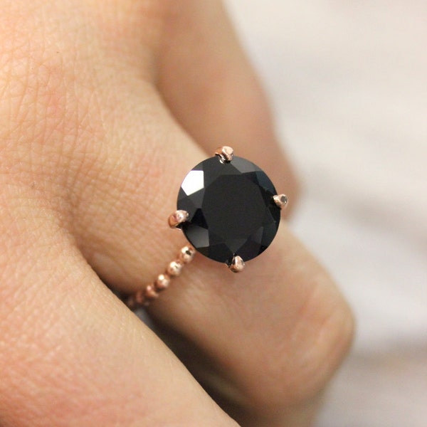 Rose Gold Black Spinel Ring, Handmade Black Stone Cocktail Ring,  Rose Gold Non Diamond Engagement Ring with Black Stone for Alt Bride