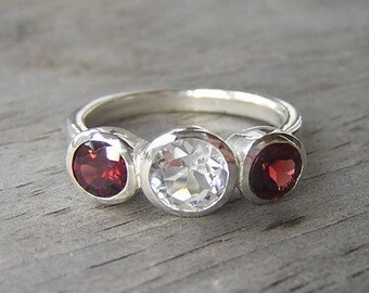 Ready To Ship Garnet Ring with  White Topaz, January Birthstone Ring, Ready To Ship  Size 6.5 6 1/2