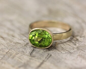 Yellow Gold And Peridot Ring, Gemstone and Recycled 14k Gold Wide Band Ring, Made In your Size