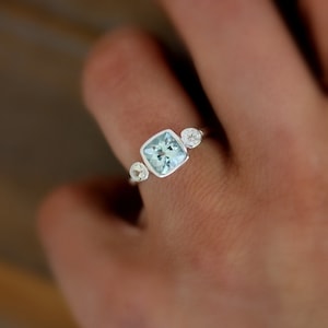 Aquamarine Anniversary Ring, Aquamarine and White Sapphire Cushion Cut Gemstone Birthstone Ring in Sterling Silver, Engagement Ring image 2