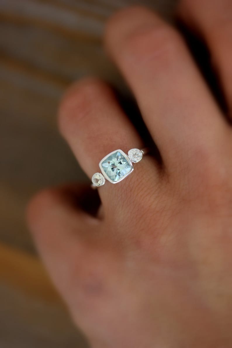 Aquamarine Anniversary Ring, Aquamarine and White Sapphire Cushion Cut Gemstone Birthstone Ring in Sterling Silver, Engagement Ring image 2