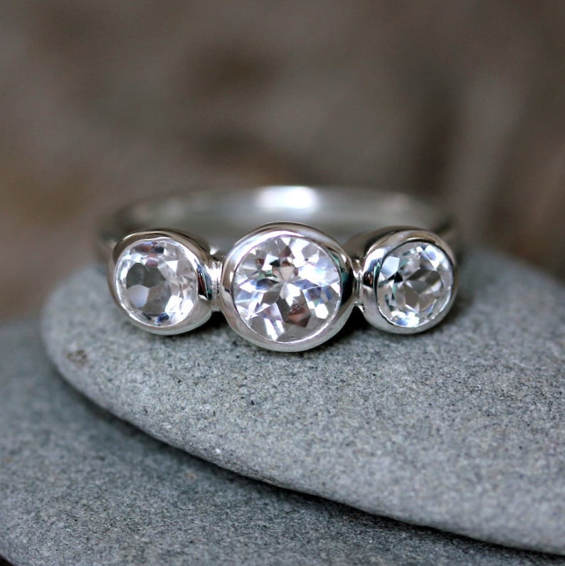 Three Stone White Topaz Ring, Past, Present, Future Gemstone 3 Stone Anniversary Gift image 1