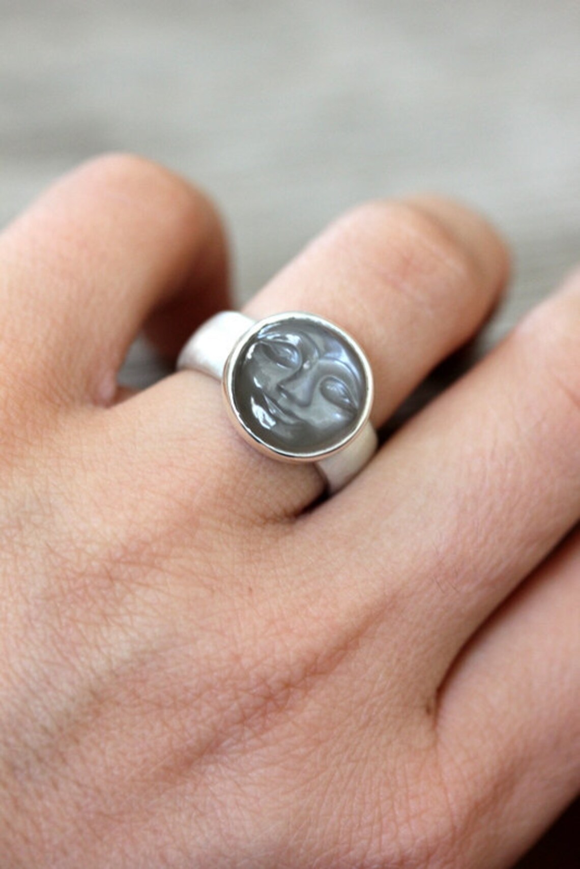 Moonstone Face Ring Gray Moonstone Ring with Smiling Carved Etsy