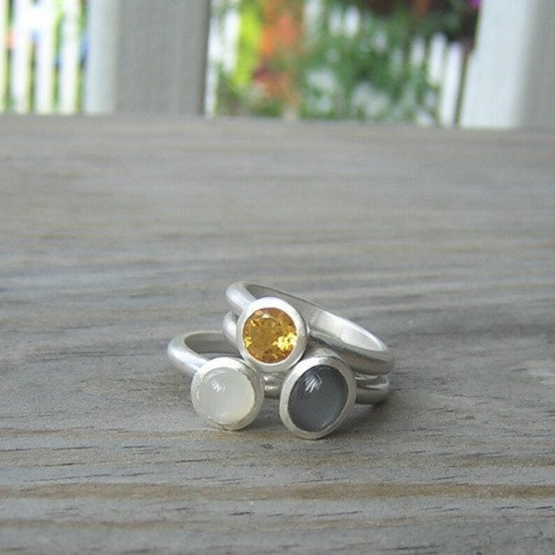 Moonstone Stacking Ring Set, Set of Three Rings Features Gray Moonstone Rings and Round White Moonstone Ring, Gold Citrine Nesting Rings image 3