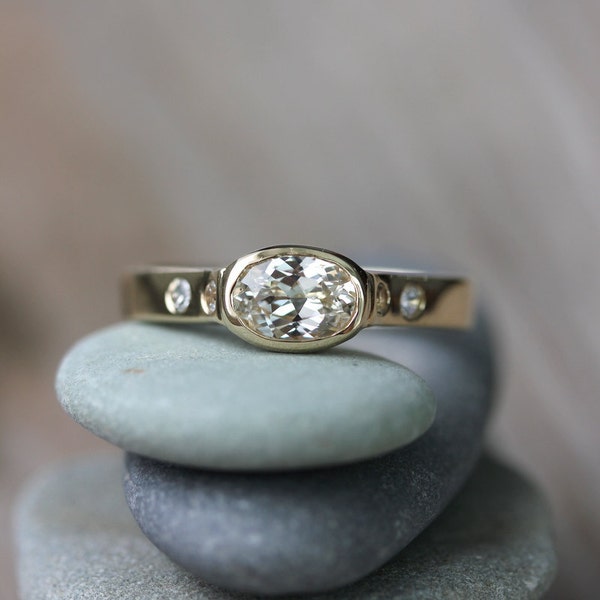 White Sapphire Engagement Ring in 14k Yellow Gold, Conflict Free and Natural Sapphire Artisan Wedding Ring