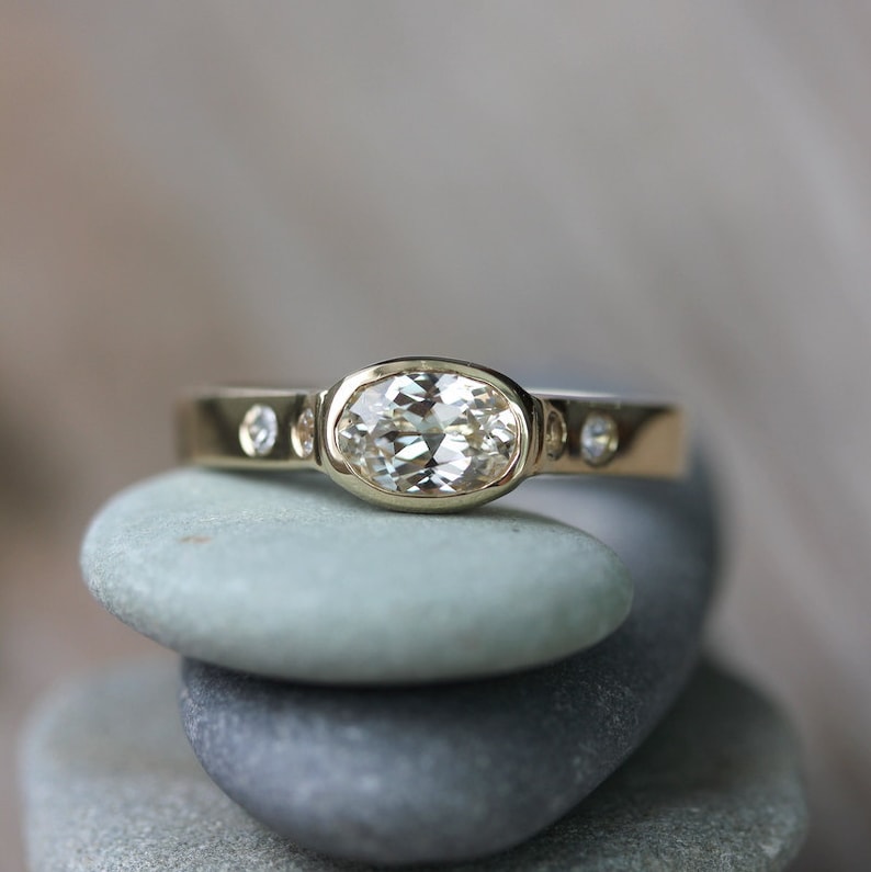 White Sapphire Engagement Ring in 14k Yellow Gold, Conflict Free and Natural Sapphire Artisan Wedding Ring image 1