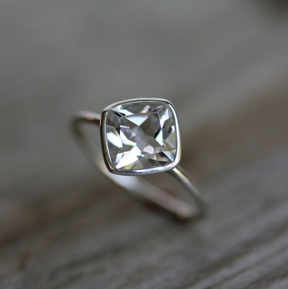 Handmade White Topaz Cushion Cut Ring, Sterling Silver Bezel Set