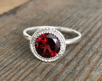 Garnet Ring Sterling Silver Ring, Red Garnet with Milgrain  Halo Ring in Eco Silver, Ready to Ship Size 8