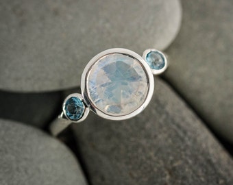 Rainbow Moonstone Ring, Blue Topaz Ring, Multistone, Three Stone Ring, Sterling Silver, Rainbow Moonstone Jewelry, Anniversary