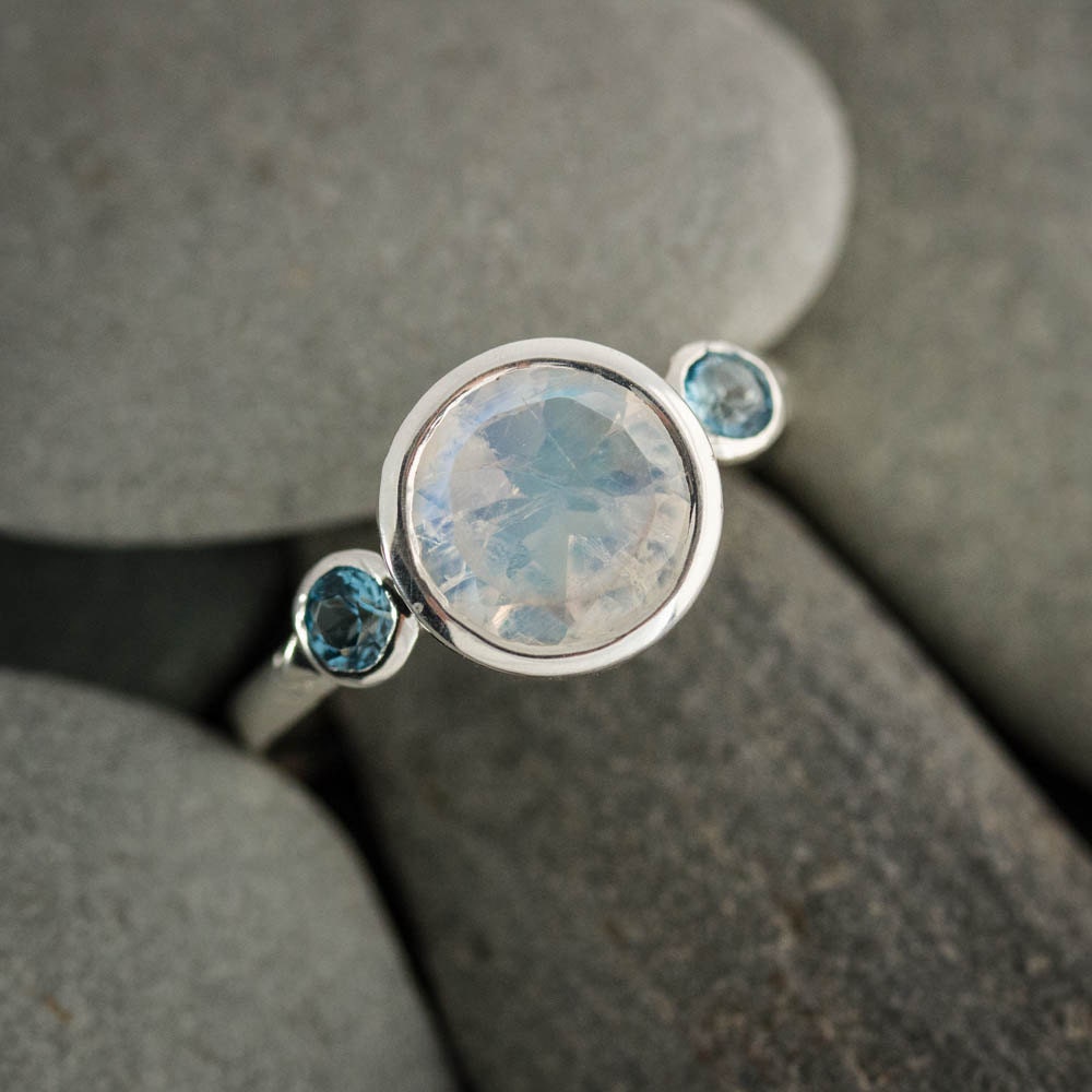 Rainbow Moonstone Ring Blue Topaz Ring Multistone Three Stone