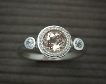 Morganite Ring, Multistone Ring,Gemstone Halo Ring, White Sapphire Ring,Milgrain Bezel Set Ring,Eco Sterling Silver Ring,Handcrafted Jewelry