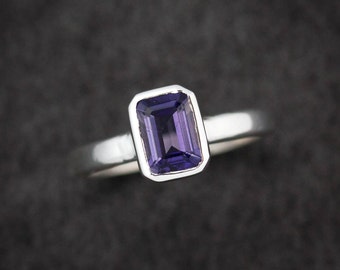 Water Sapphire Ring, Emerald Cut Iolite Ring, Eco Silver Stacking Ring, Gemstone Solitaire Ring,Water sapphire, Size 7.5