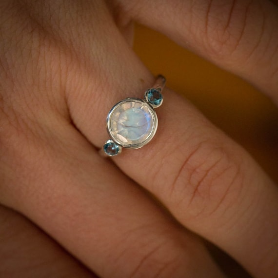 Rainbow Moonstone Ring Blue Topaz Ring Multistone Three Stone