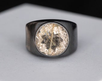 Blackened Silver Gold Quartz Statement Ring