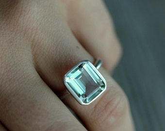 Green Amethyst Emerald Cut Gemstone Ring in Argentium Sterling Silver, Recycled Silver Ring Made to Order