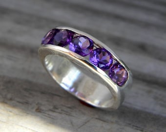 Amethyst Channel Ring, Purple Multistone Band Rings, Wide Gemstone Band