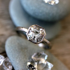 Herkimer Diamond Asscher Ring, 14k White Gold Bezel Set Engagement Ring