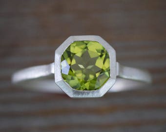 Peridot Ring in August Birthstone, Octagonal Asscher Gemstone Ring, Apple Green Stone Ring, Recycled and Handcrafted Customized Jewelry